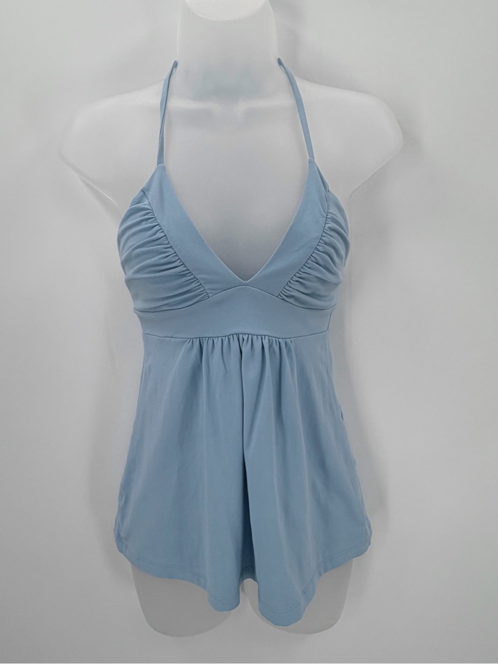 Susana Monaco Halter Top Womens XS Light Blue Ruched Gathered Vneck Stretch Tank